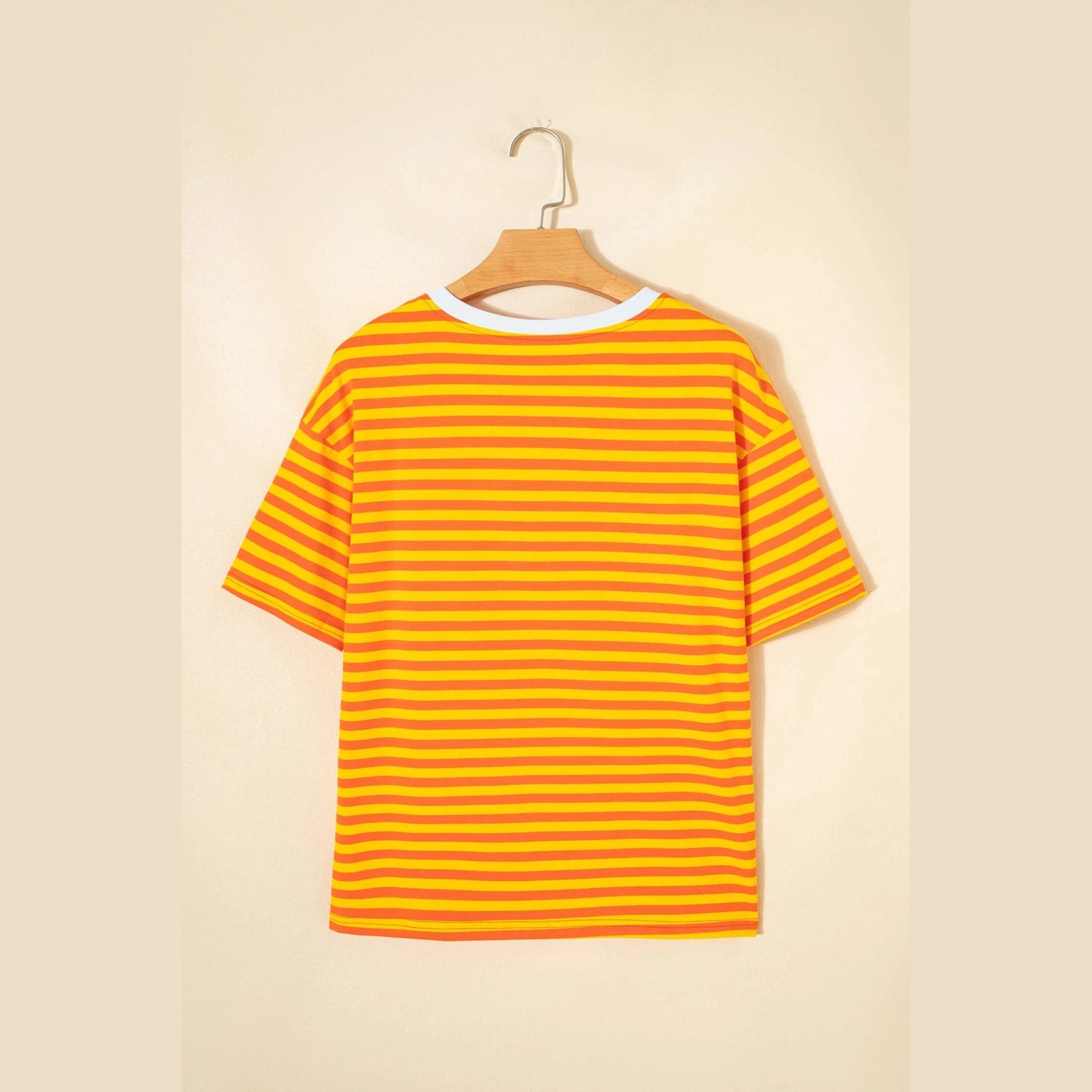 Quinly Orange Stripe Contrast Crew Neck Drop Shoulder Loose Tee