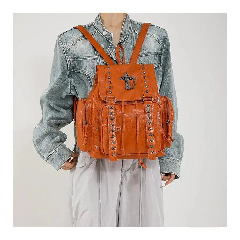 PU Leather Rivet Cross Backpack - 4 Colors