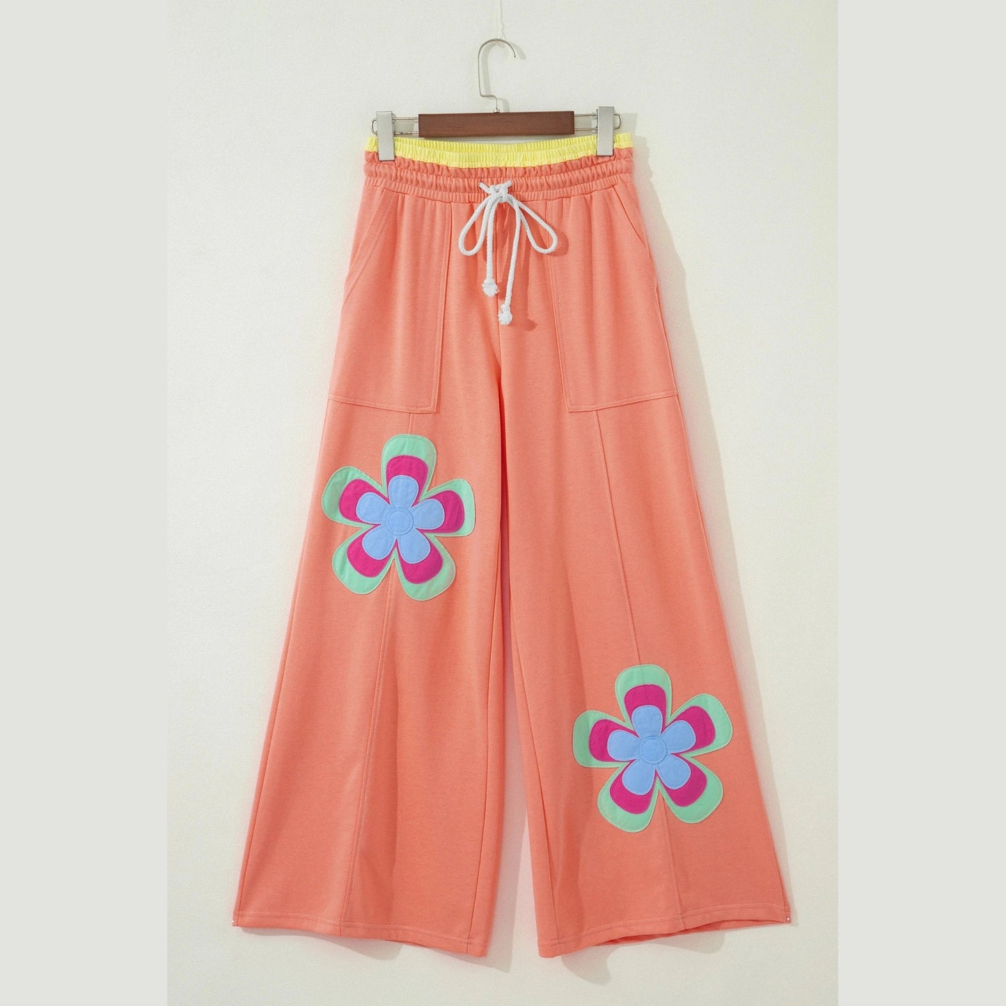Kendyl Orange Color Block Flower Patchwork Drawstring Contrasted Elastic Waist Wide Leg Pants