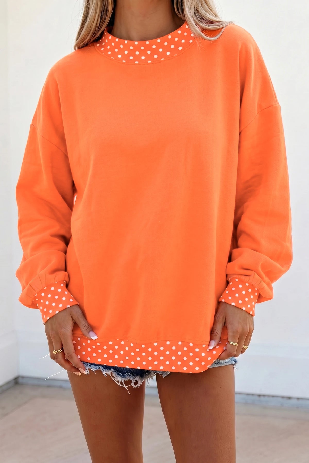 Phoebe Orange Colorblock Polka Dot Contrast Trim Oversized Sweatshirt