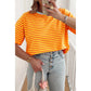 Quinly Orange Stripe Contrast Crew Neck Drop Shoulder Loose Tee