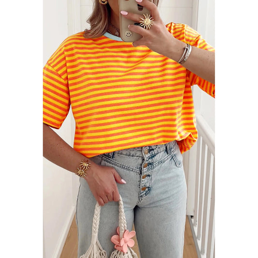 Quinly Orange Stripe Contrast Crew Neck Drop Shoulder Loose Tee