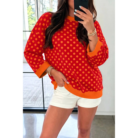 Rilyn Orange Polka Dot Print Contrast Trim Round Neck Bracelet Sleeve Top