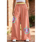 Kendyl Orange Color Block Flower Patchwork Drawstring Contrasted Elastic Waist Wide Leg Pants