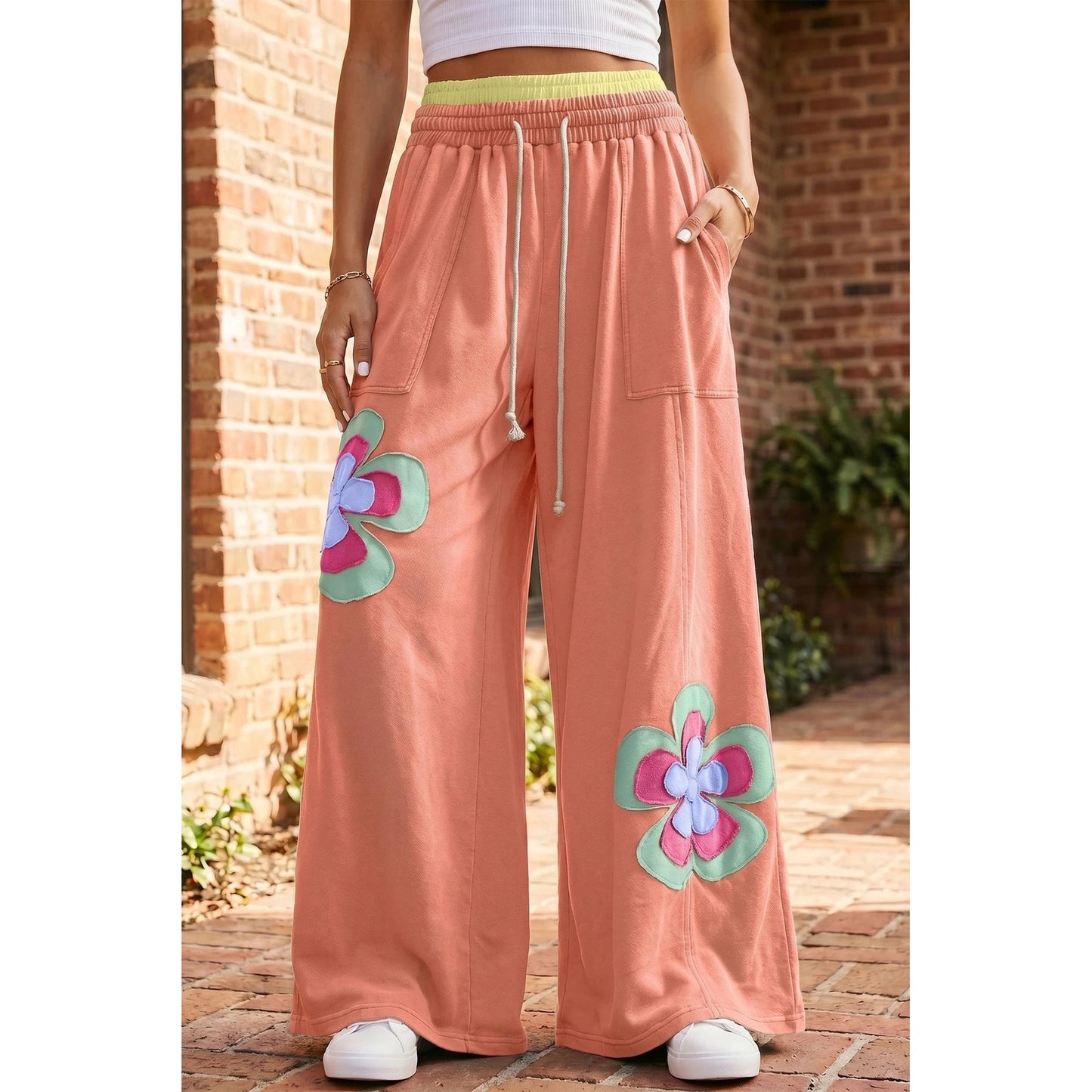 Kendyl Orange Color Block Flower Patchwork Drawstring Contrasted Elastic Waist Wide Leg Pants
