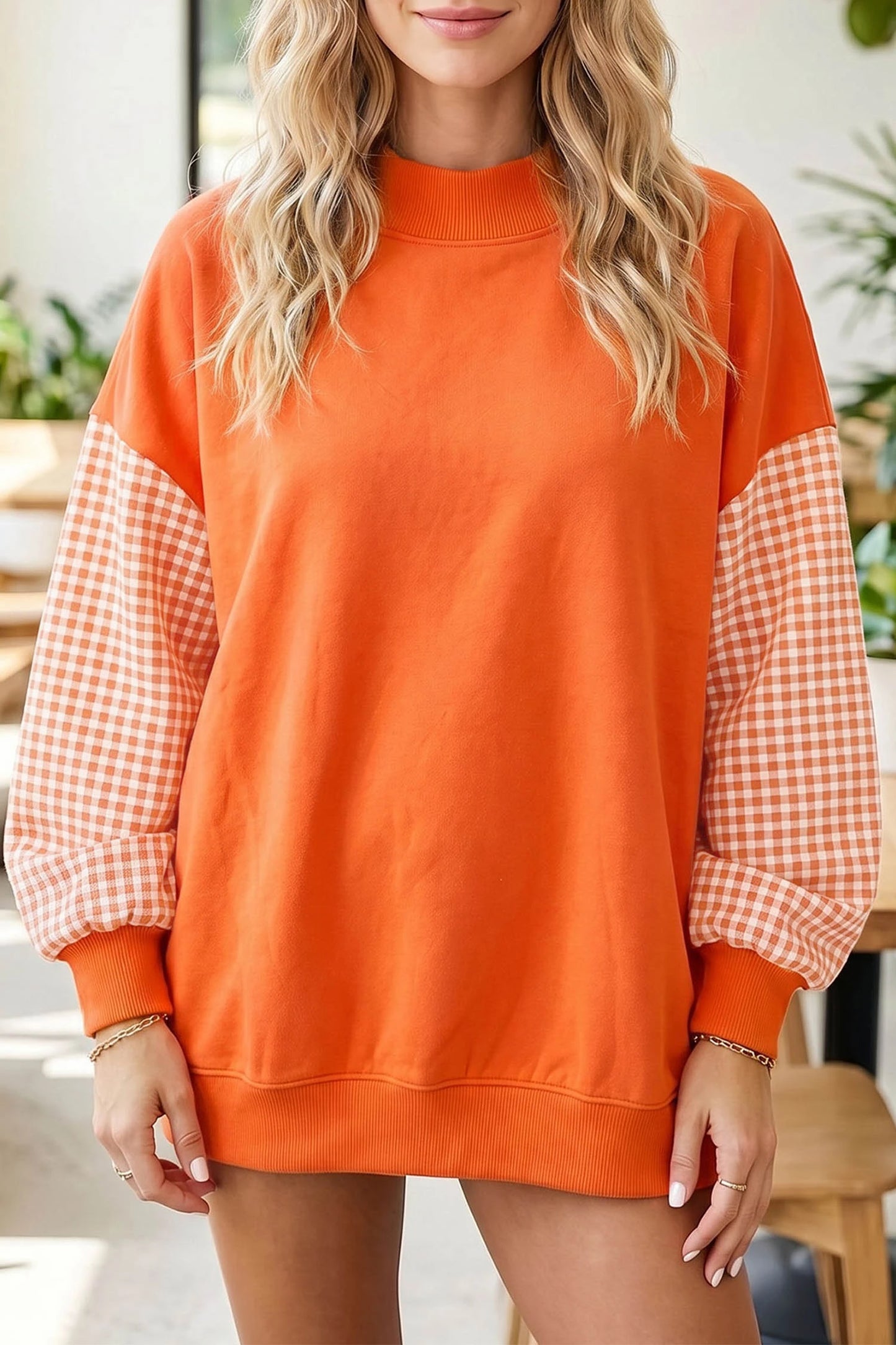 Kyrie Orange Plaid Sleeve Colorblock Loose Tunic Sweatshirt