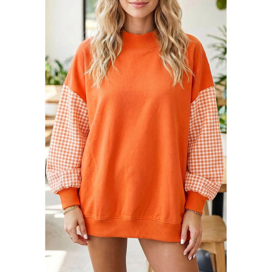 Kyrie Orange Plaid Sleeve Colorblock Loose Tunic Sweatshirt