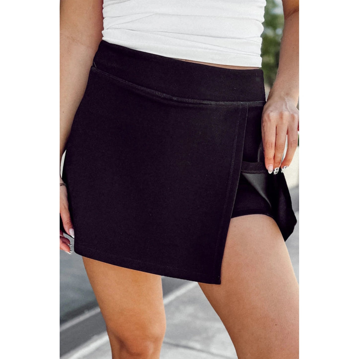 Orna Black Solid Color Wrapped Side Slit Skort