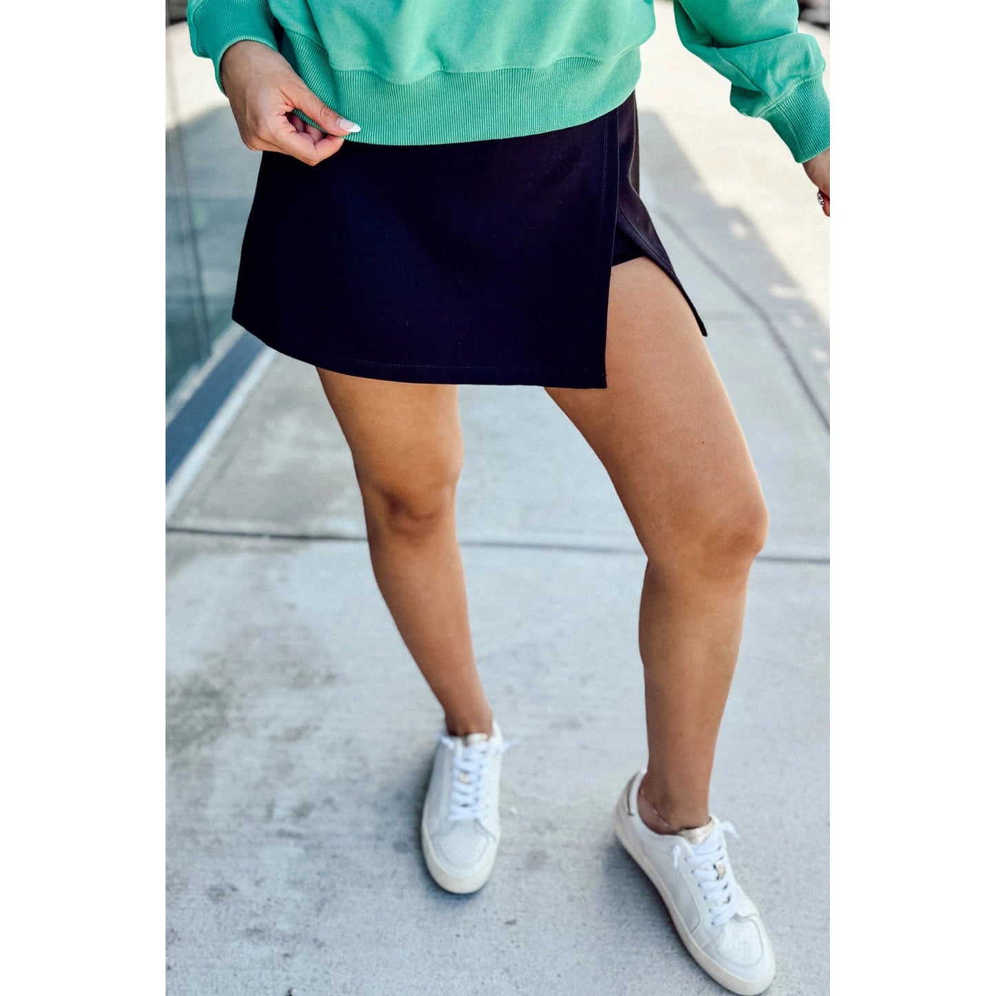 Orna Black Solid Color Wrapped Side Slit Skort