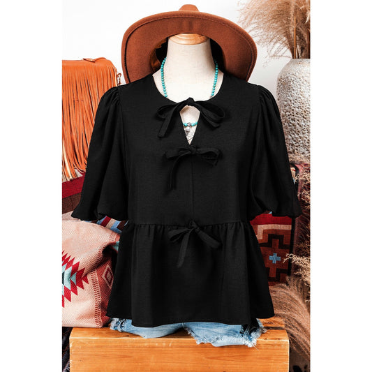 REDUCED!!!  Orsie Black Puff Sleeve Bowknot Front Peplum Blouse  REDUCED!!!
