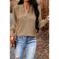 Ozella Khaki V Neck Long Sleeve Eyelet Blouse