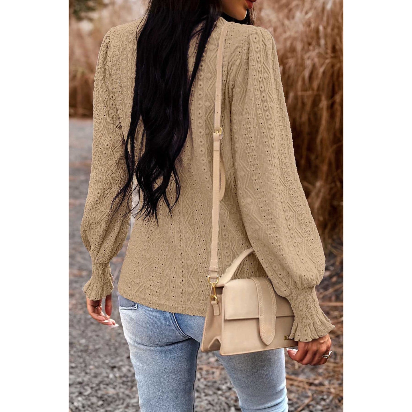 Ozella Khaki V Neck Long Sleeve Eyelet Blouse