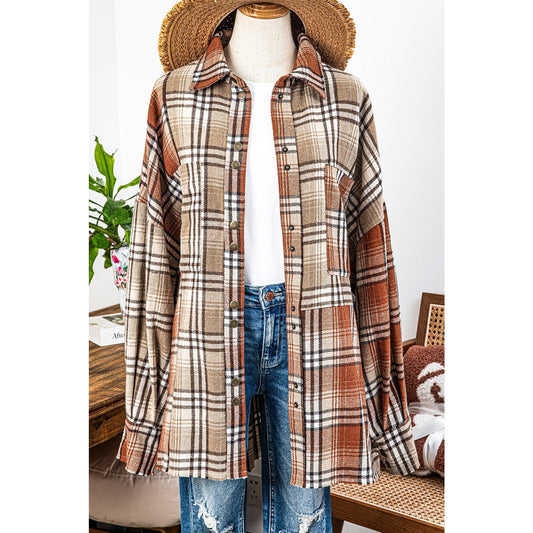 Peighton Khaki Plaid Colorblock Patchwork High Low Shacket