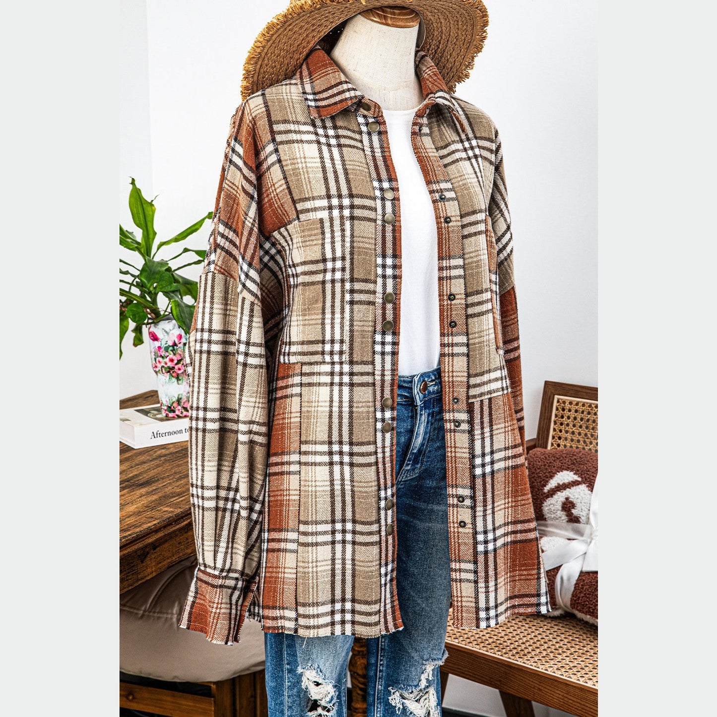 Peighton Khaki Plaid Colorblock Patchwork High Low Shacket