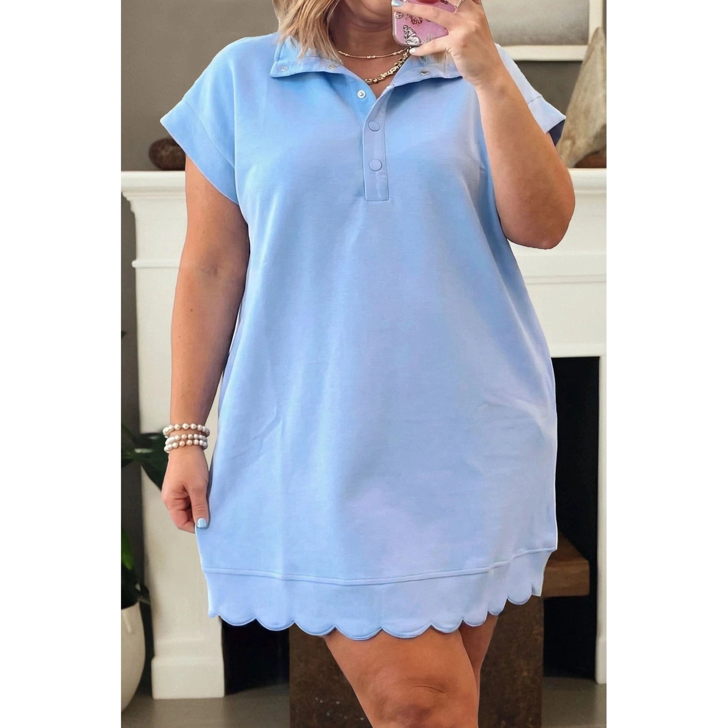 Pammy Beau Blue Plus Size Solid Scalloped Hem Button Neck Pullover Mini Dress