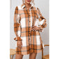 Palisa Khaki Plaid Pattern Collared Neck Ruffled Sleeve Shirt Dress