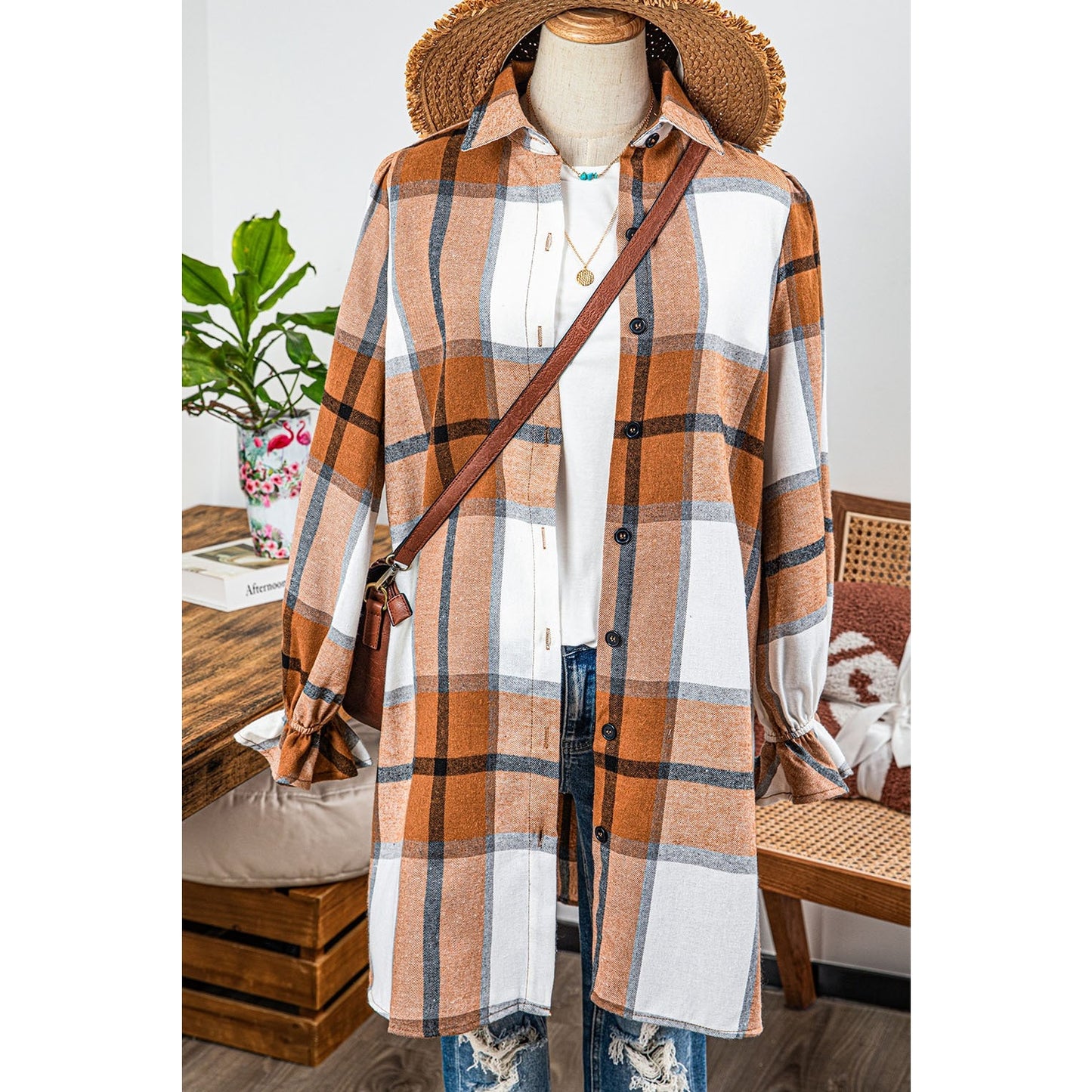 Palisa Khaki Plaid Pattern Collared Neck Ruffled Sleeve Shirt Dress