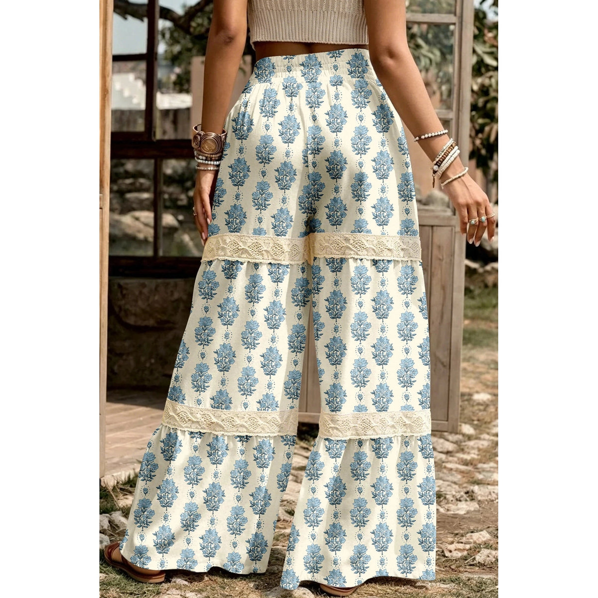 RTS Sky Blue Floral Print Lace Patchwork Detail Wide Leg Pants
