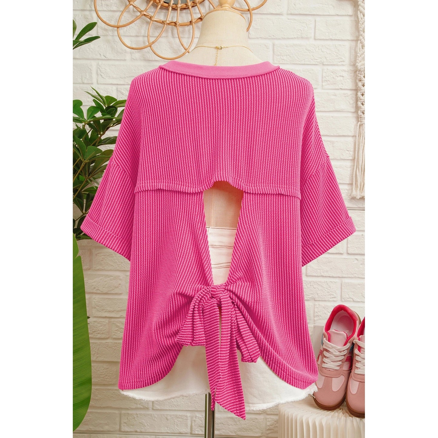 Pattie Spiral Ribbed Cutout Bow Knot Back Oversize T Shirt