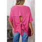Pattie Spiral Ribbed Cutout Bow Knot Back Oversize T Shirt