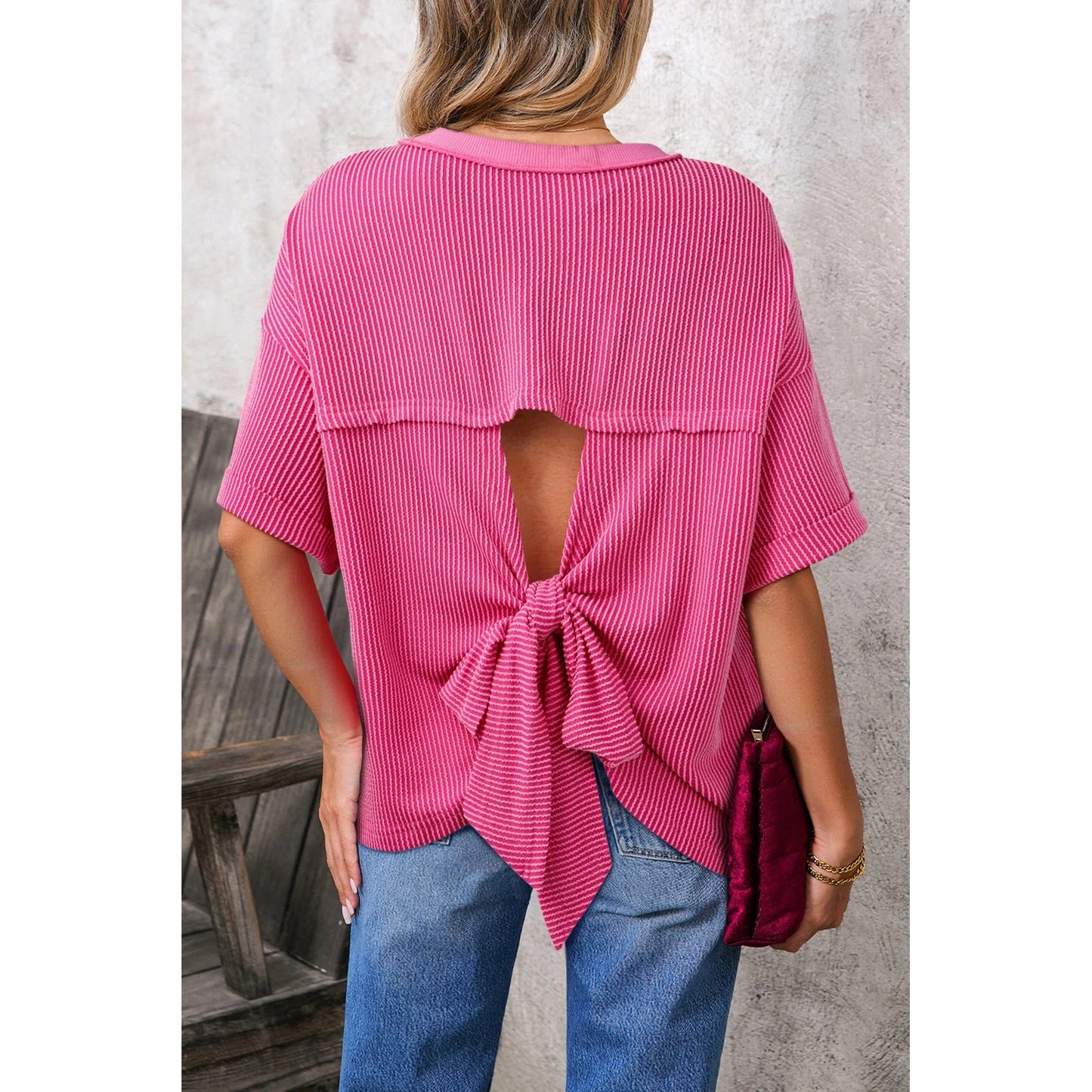 Pattie Spiral Ribbed Cutout Bow Knot Back Oversize T Shirt