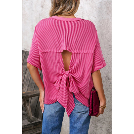 Pattie Spiral Ribbed Cutout Bow Knot Back Oversize T Shirt