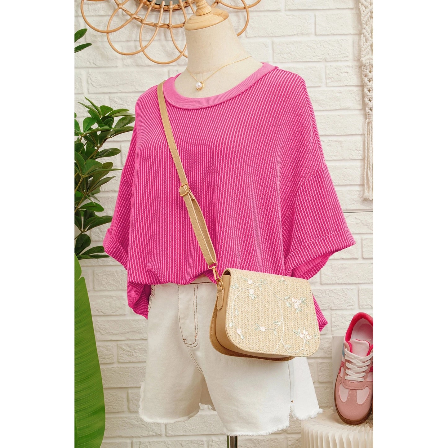 Pattie Spiral Ribbed Cutout Bow Knot Back Oversize T Shirt