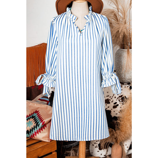 RTS Paula Sky Blue Stripe Knotted Bracelet Sleeve Notched Neck Shift Mini Dress