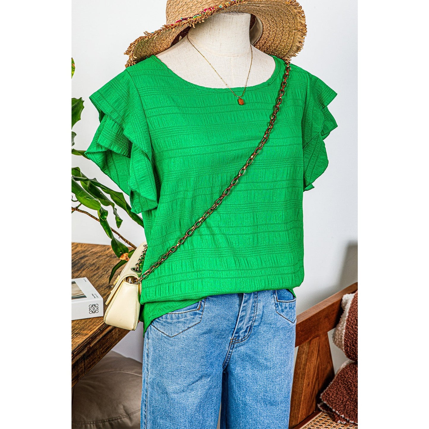 Pauletta Green Textured Ruffled Sleeve Round Neck Top