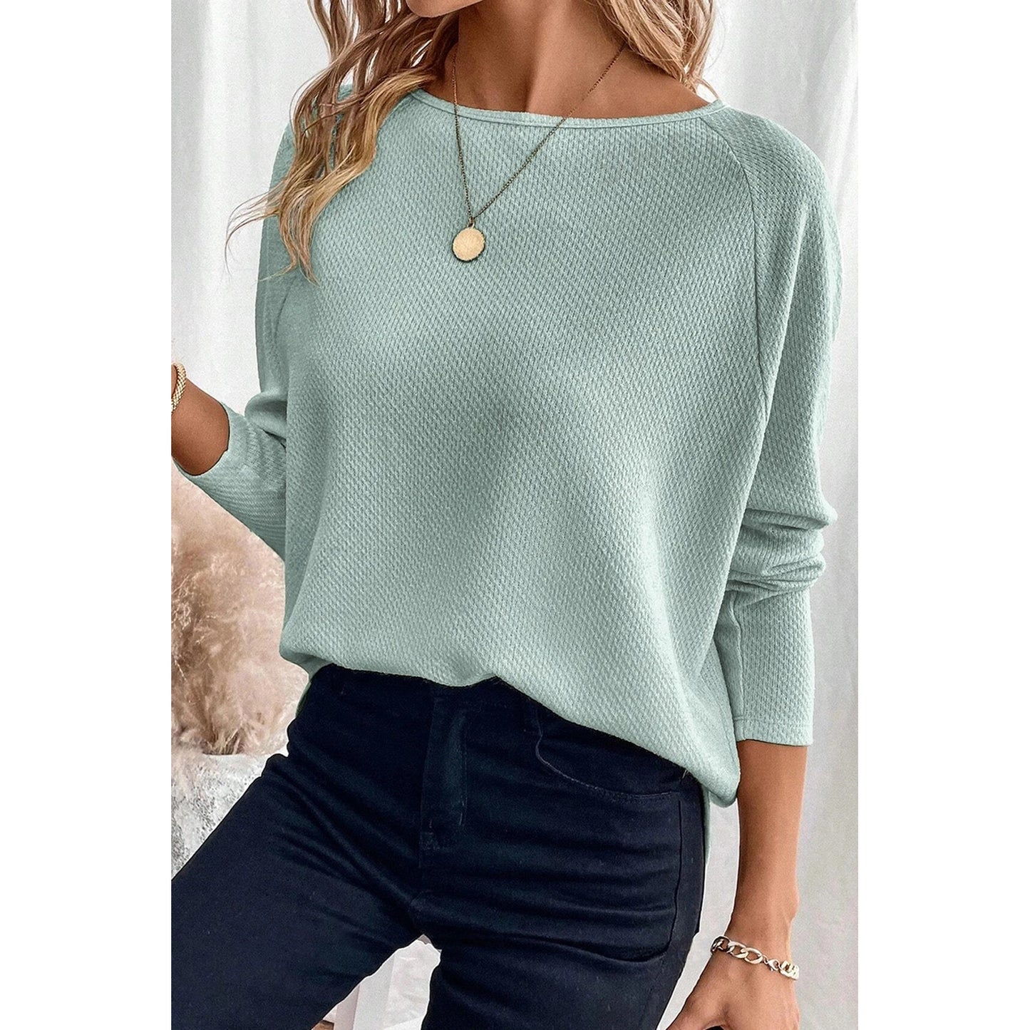 Paxton Moonlight Jade Textured Raglan Sleeve Knit Loose Top