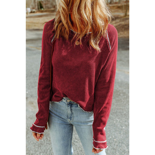 Payson Red Textured Round Neck Long Sleeve Top
