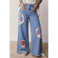 Floral Peace Sign Embroidered Patch Wide Leg Jeans
