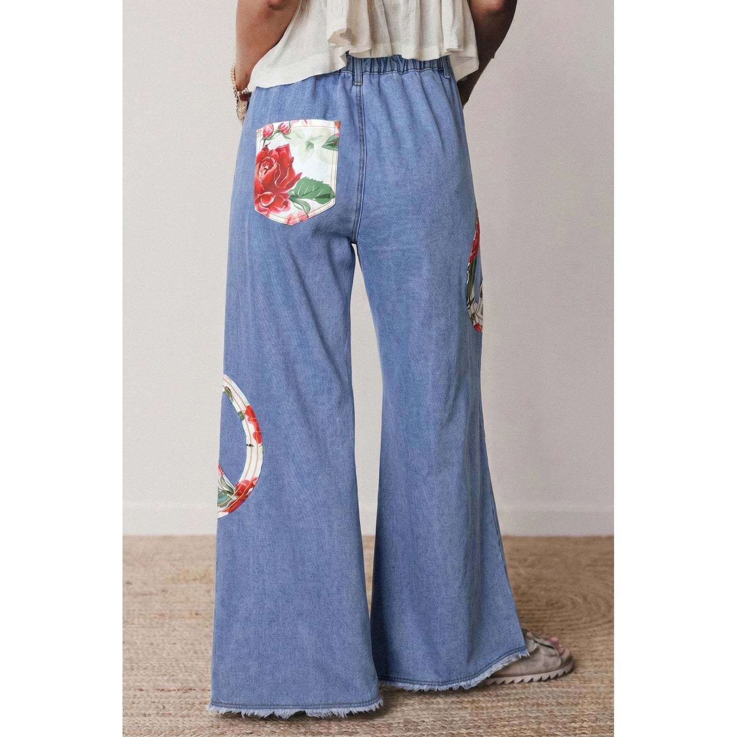 Floral Peace Sign Embroidered Patch Wide Leg Jeans