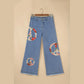 Floral Peace Sign Embroidered Patch Wide Leg Jeans