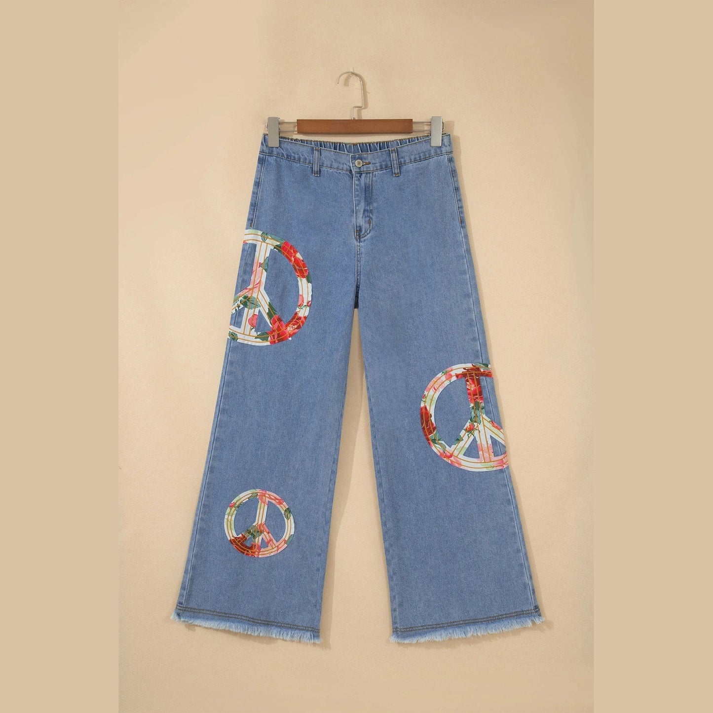 Floral Peace Sign Embroidered Patch Wide Leg Jeans