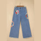 Floral Peace Sign Embroidered Patch Wide Leg Jeans