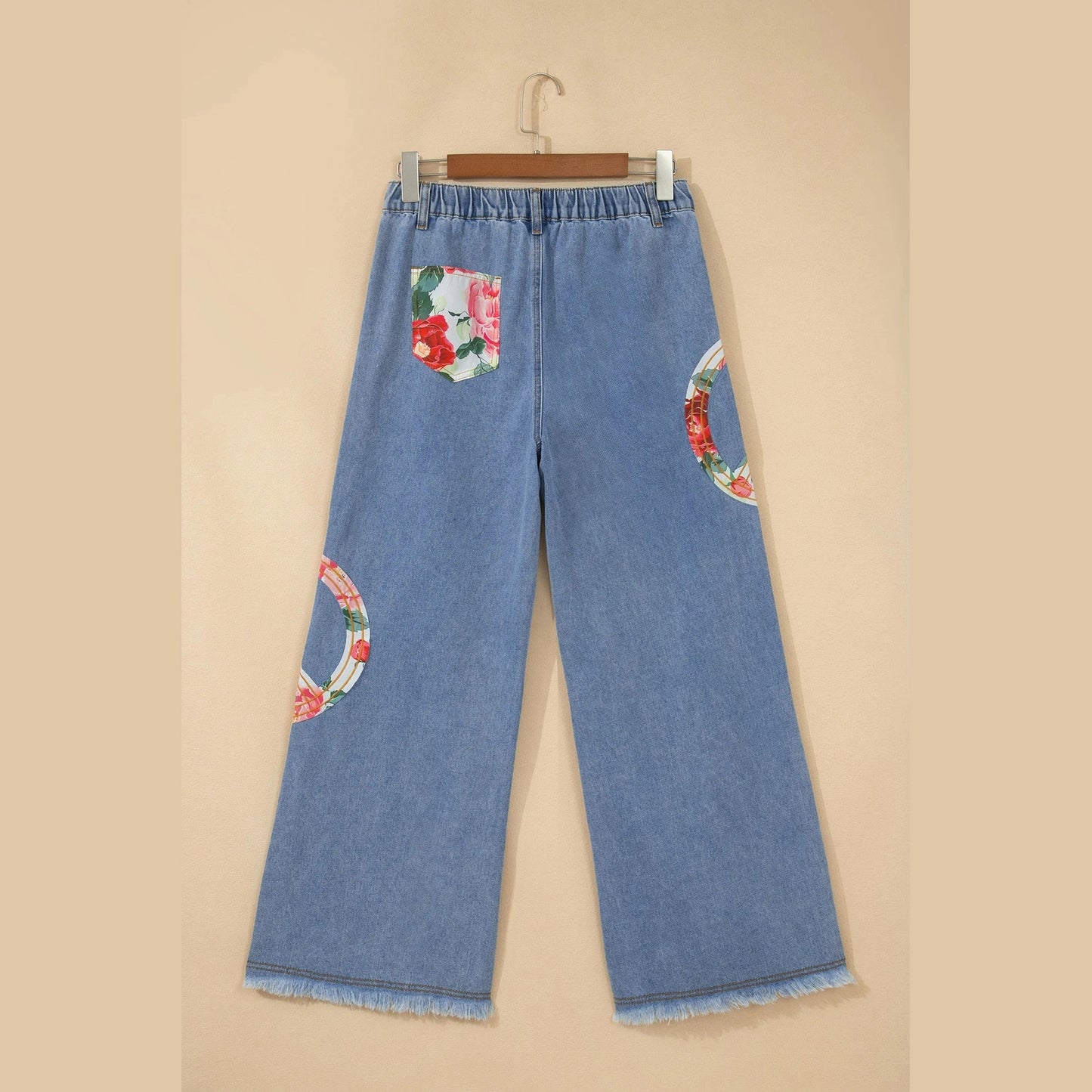 Floral Peace Sign Embroidered Patch Wide Leg Jeans