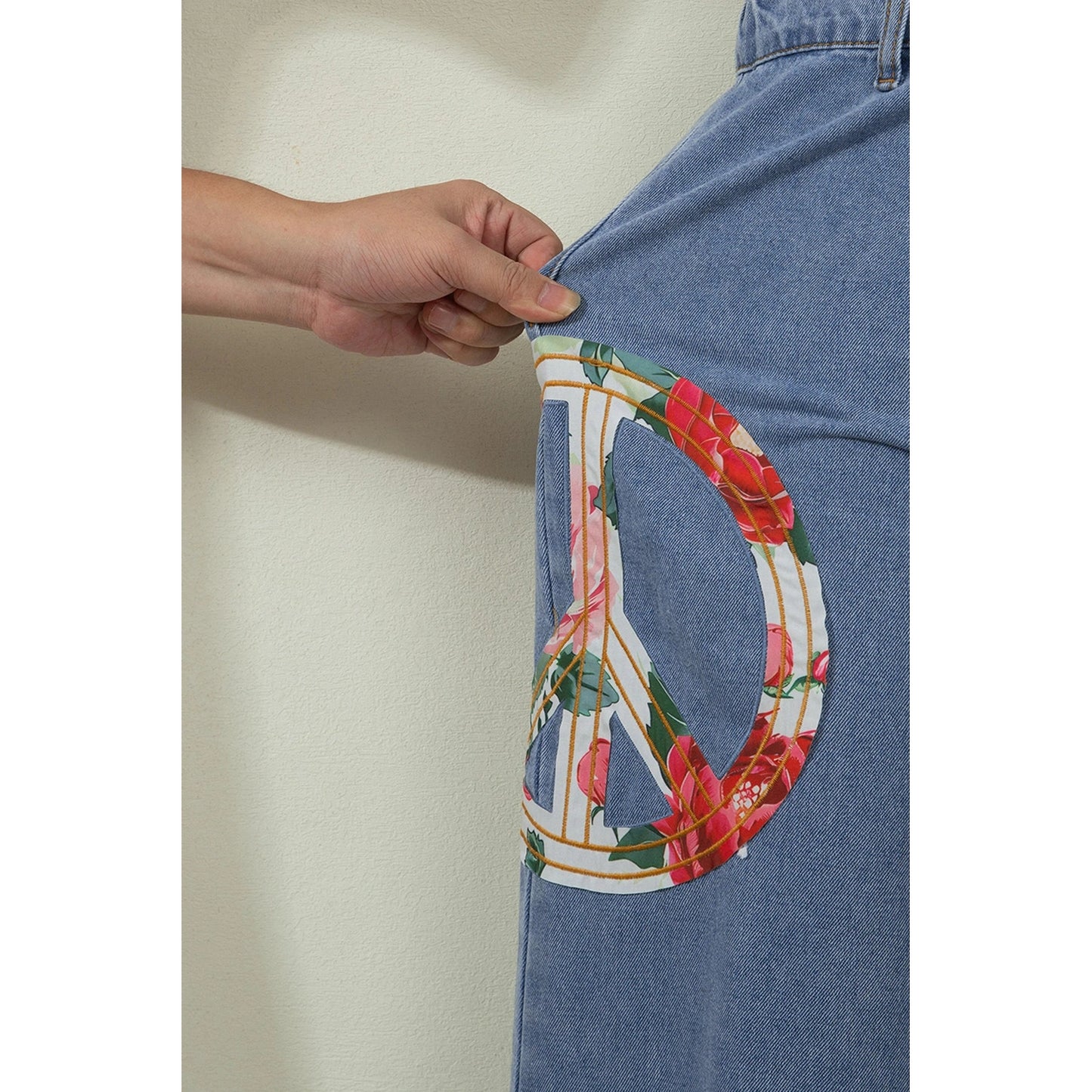 Floral Peace Sign Embroidered Patch Wide Leg Jeans