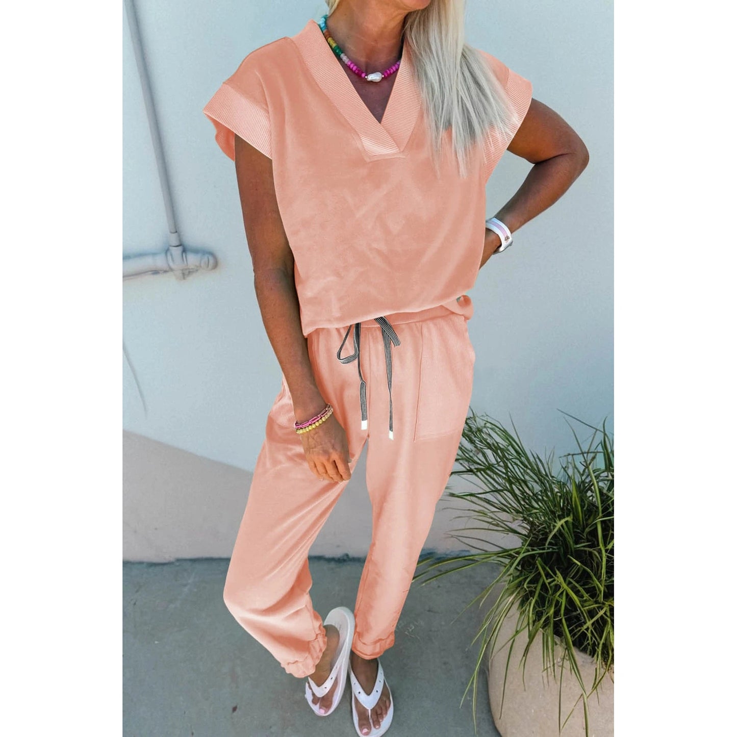 Taryn Peach V Neck Tee Drawstring Pant Set