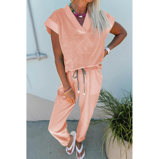 Taryn Peach V Neck Tee Drawstring Pant Set