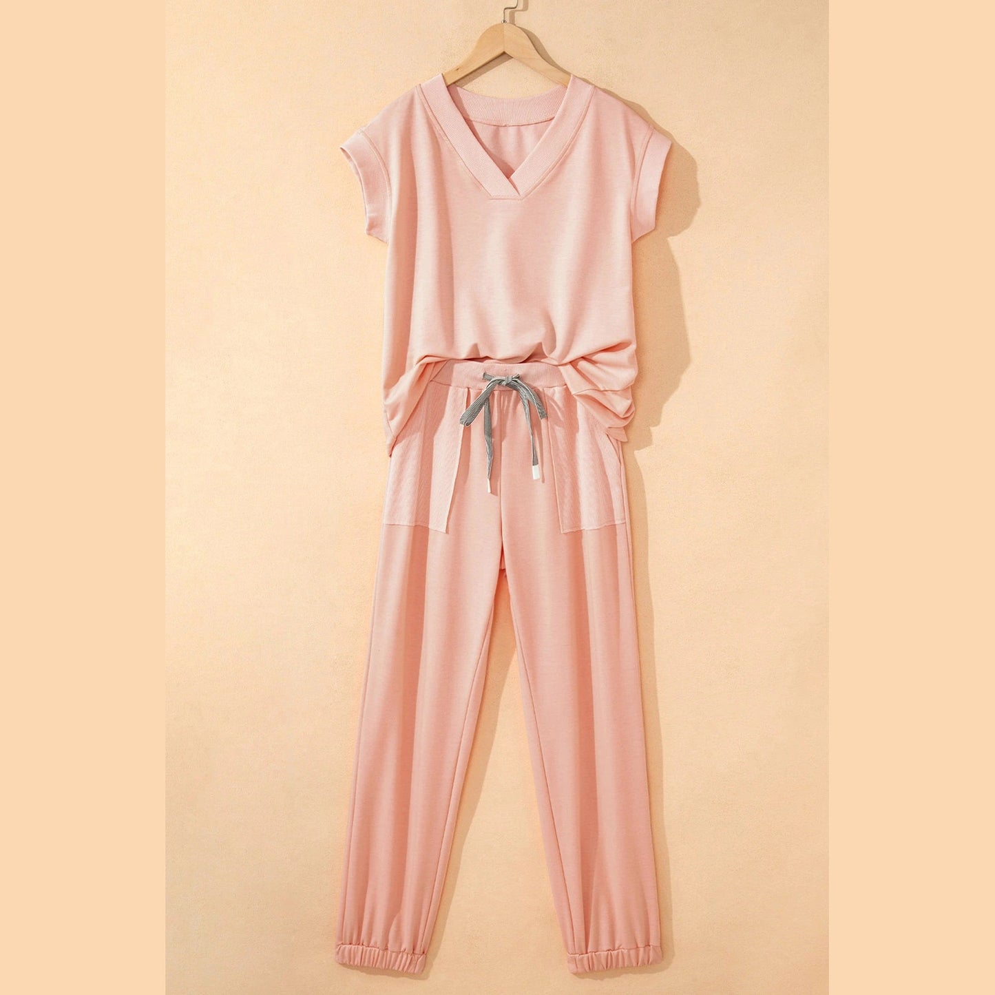 Taryn Peach V Neck Tee Drawstring Pant Set