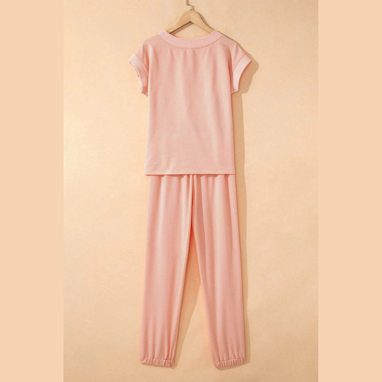 Taryn Peach V Neck Tee Drawstring Pant Set