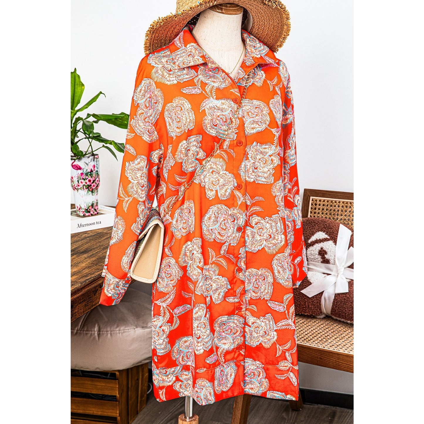 Peg Red Floral Print Lapel Collar Loose Shirt Mini Dress