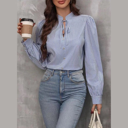 Peggy Striped Tie Neck Blouse