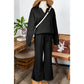 Pennie Black Textured Collared V Neck Top and Wide Leg Pants Set