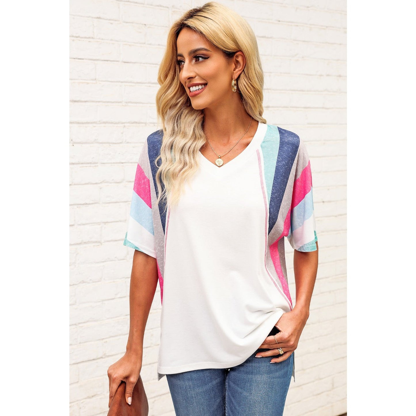 Percilla White Stripe Patchwork V Neck T Shirt