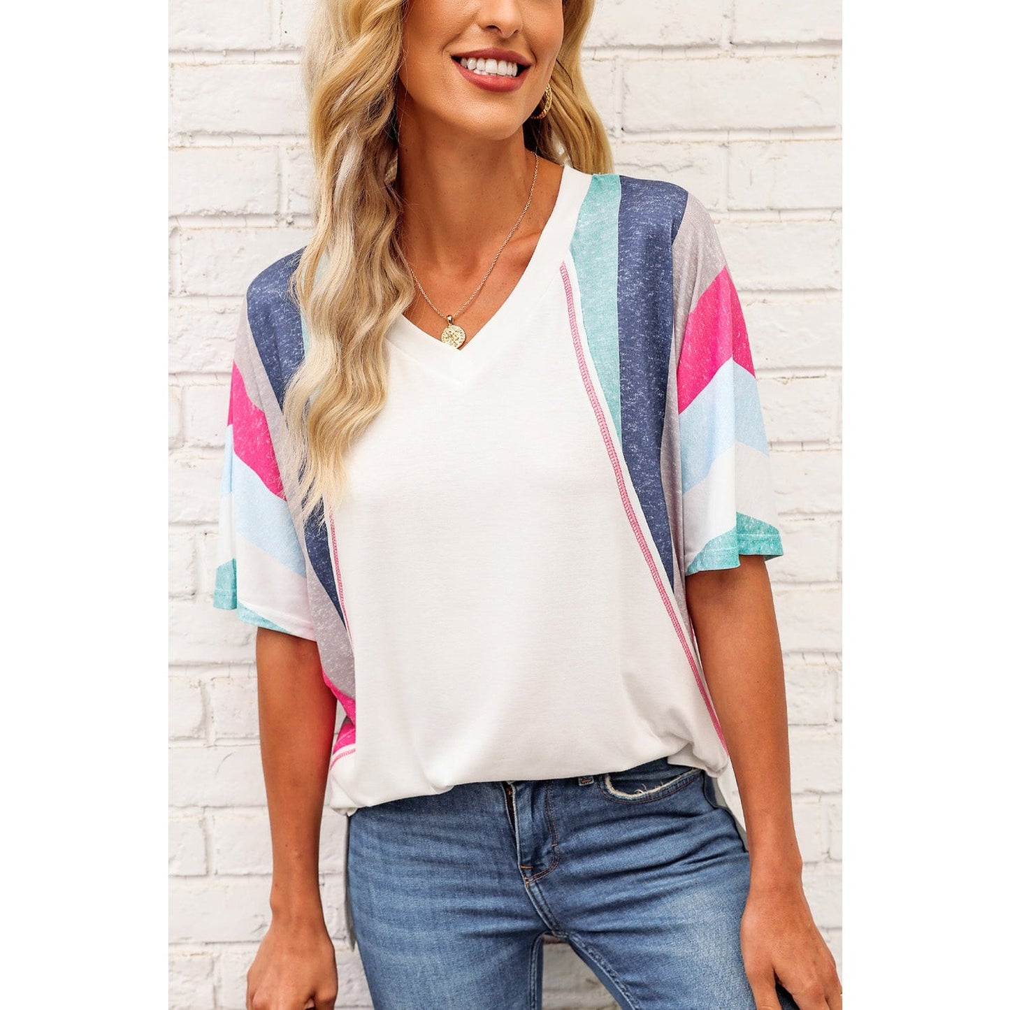 Percilla White Stripe Patchwork V Neck T Shirt