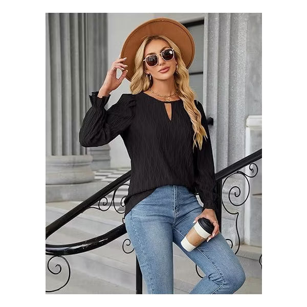 Evi Black Textured Keyhole Long Sleeve Top