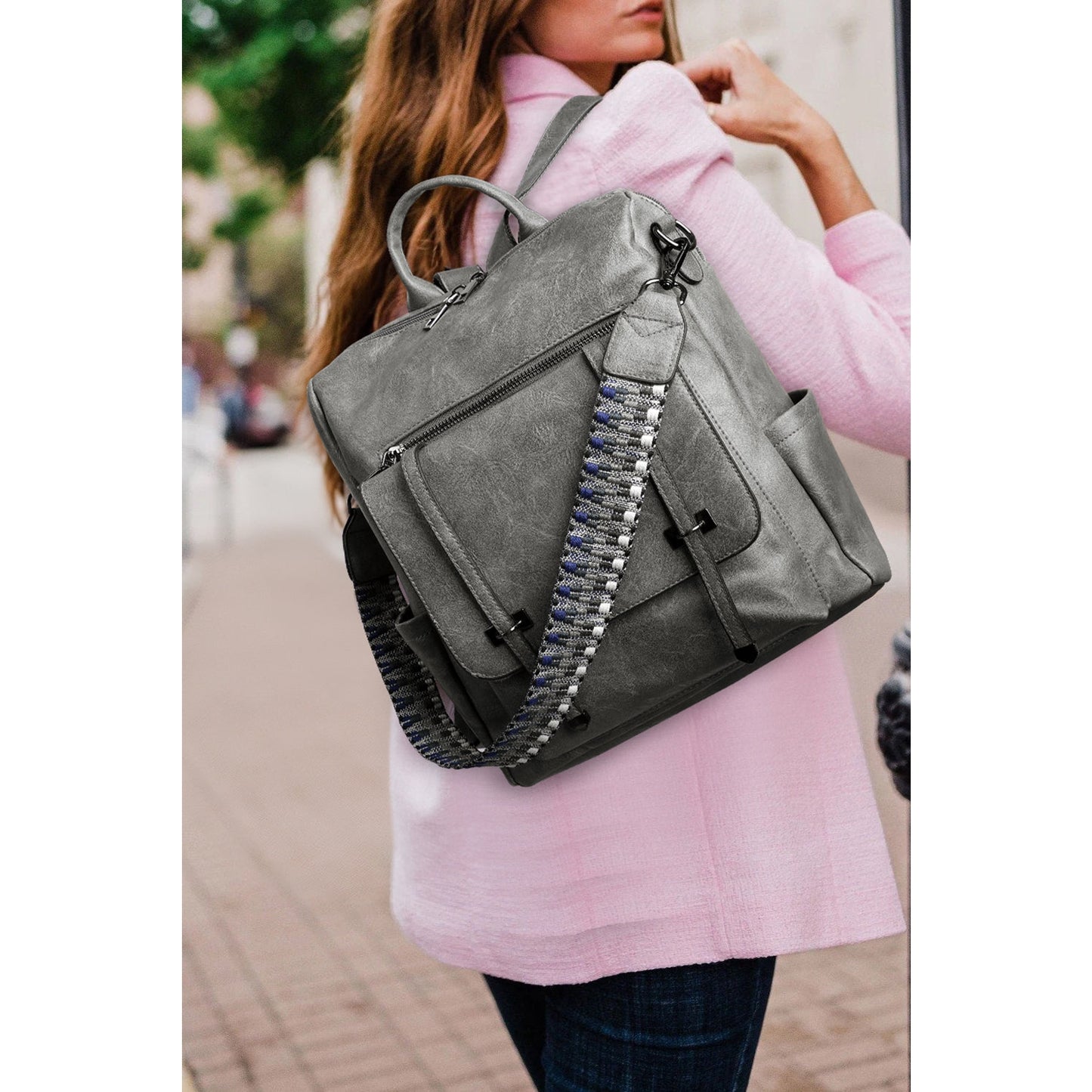 Petrina Grey Business College Retro PU Leather Backpack