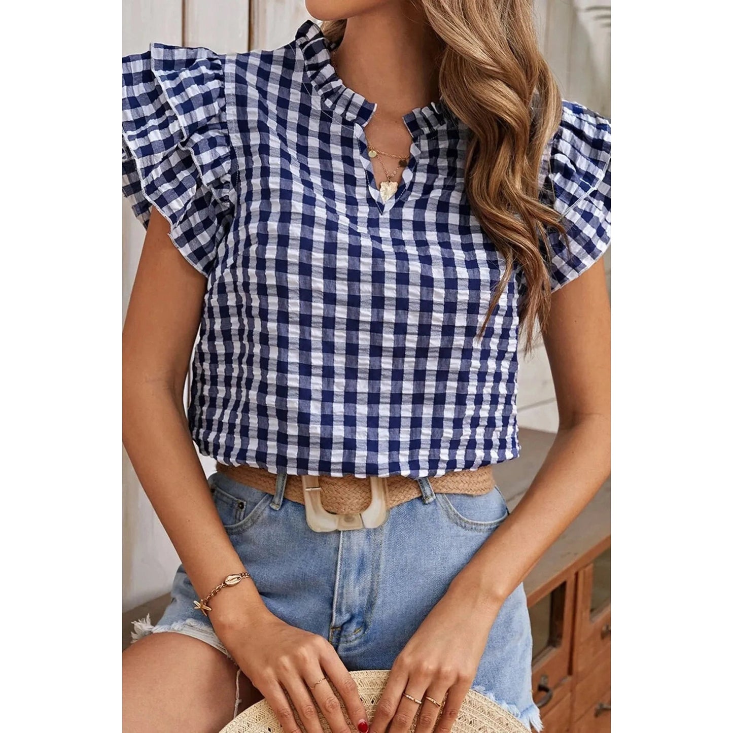 Phila Navy Ruffle‑Trim Checkered Popover Top